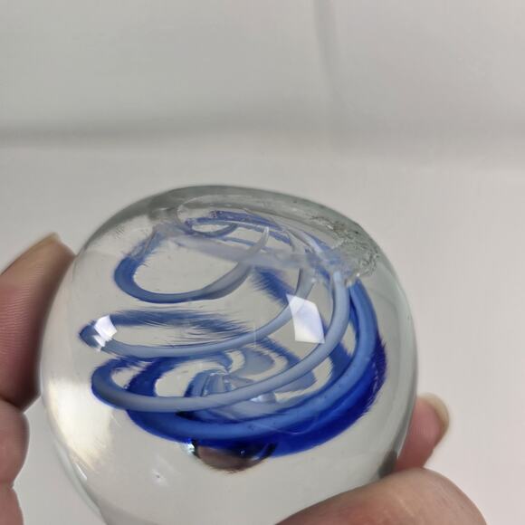 Art Glass Paperweight In Clear with Blue Swirls unsigned desk decretive piece - Picture 7 of 9